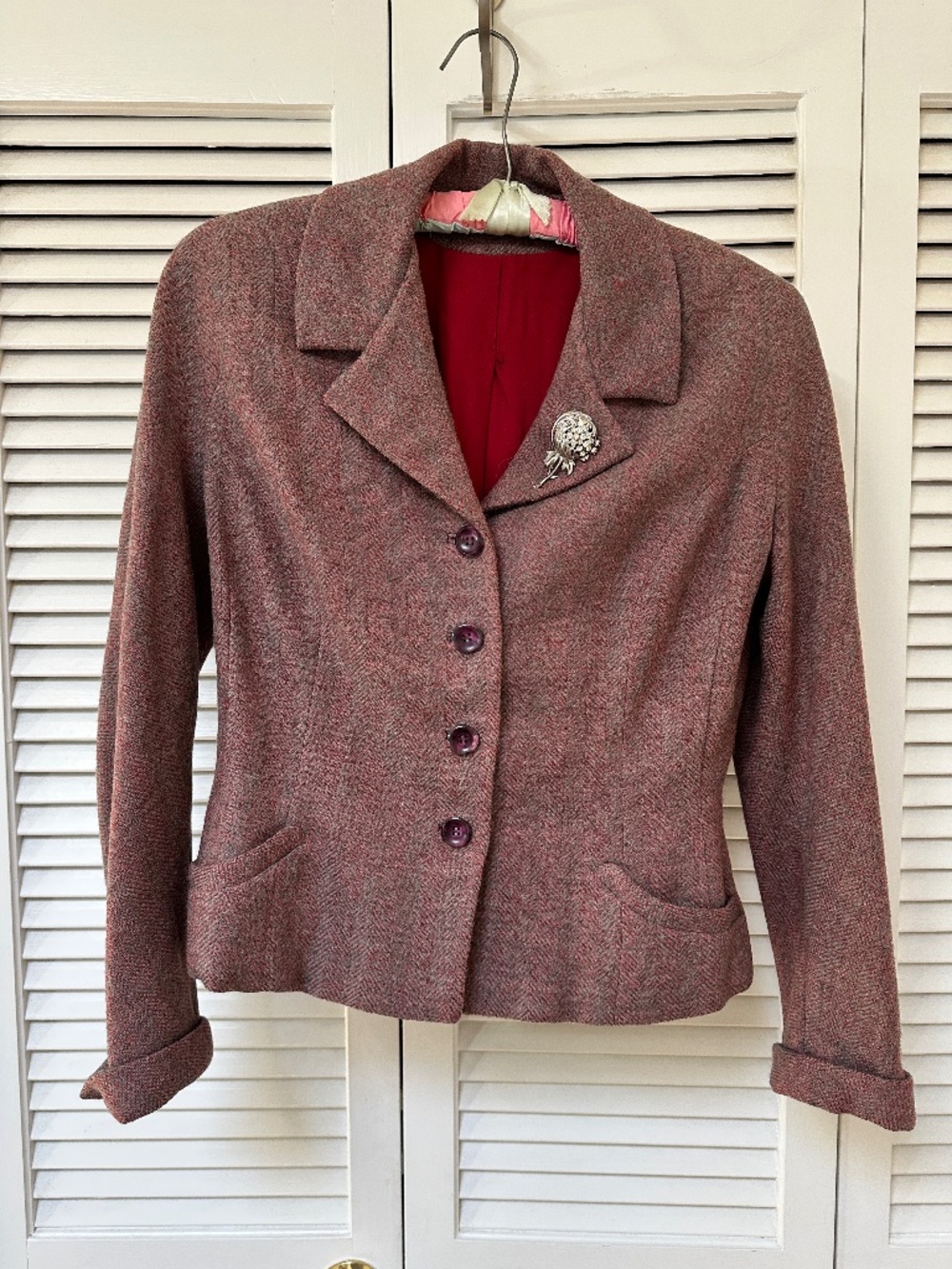 Vintage 1950s Jacket Red Pink Gray Includes Lapel Pin Small Petite